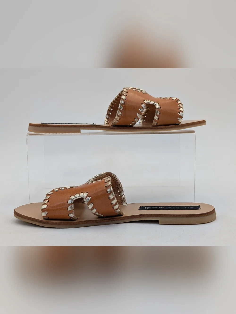 Steve Madden Greece Size 7 Genuine Leather Cognac Silver Metallic-Accent Flats